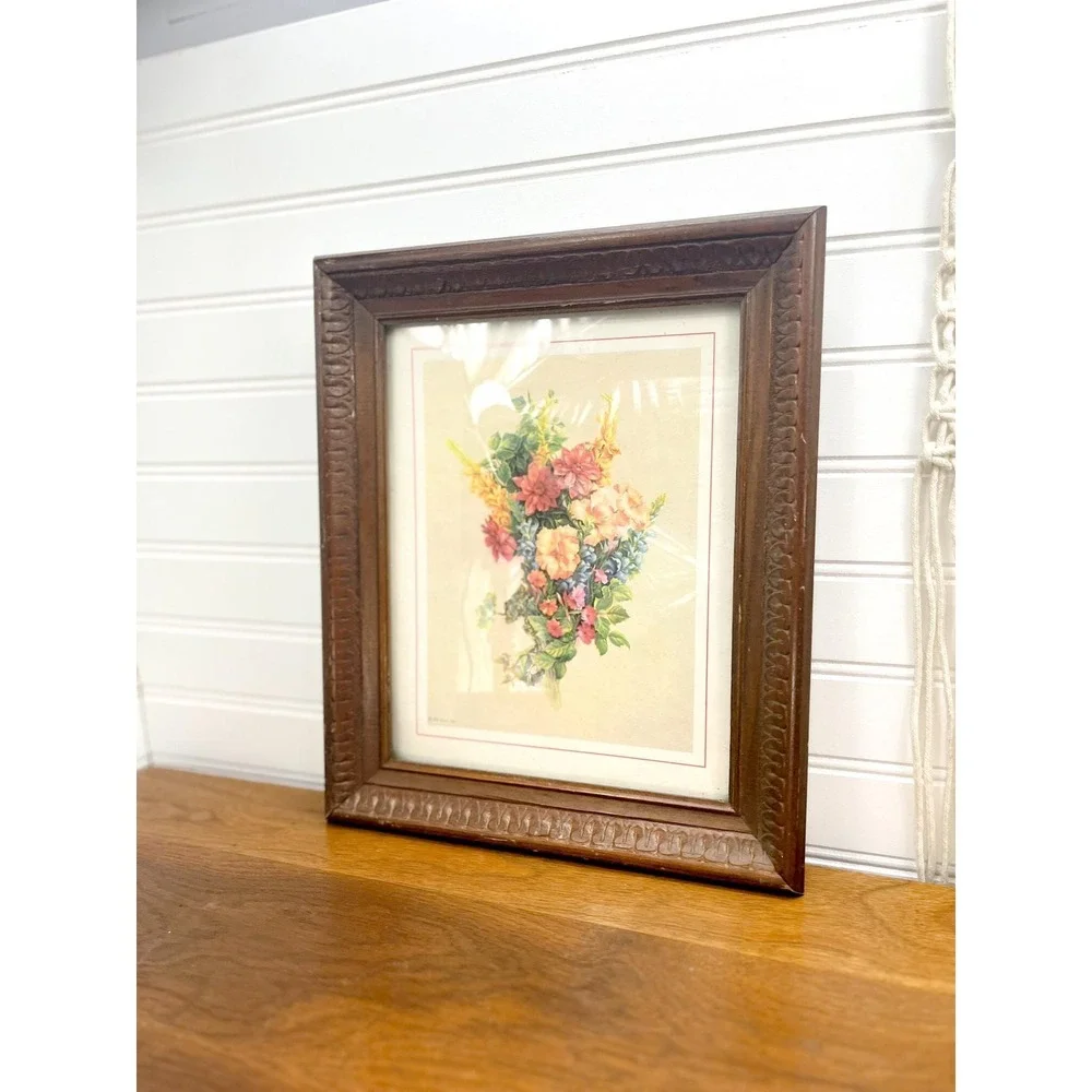 Vintage Floral Print in Wooden Frame - 1976 D.A.C. NY